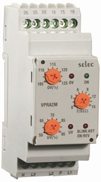 Spannungsschutzrelais, dreiphasig, analog, Über-/Unterspannung / Asymmetrie / Phasenfolge / Phasenausfall / Neutralleiter-Ausfall, 230VAC,1 DPDT, 35mm DIN-Schiene