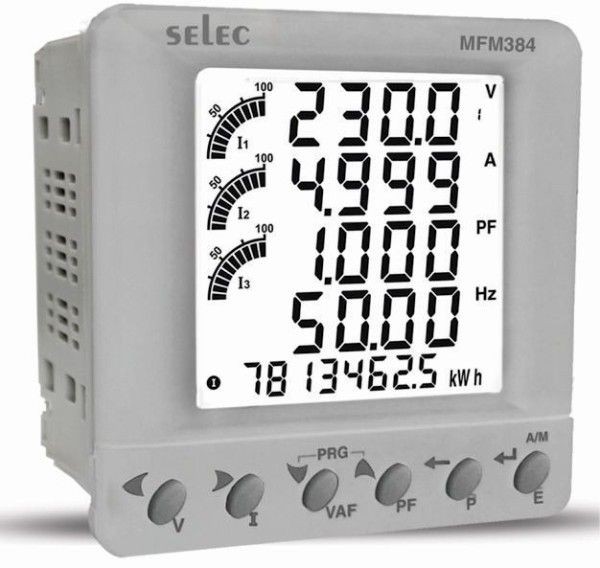 Multifunktionsmeßgerät, dreiphasig, Klasse 0,5S, 7 Meßgrößen, I/P digital 24V/48V DC, Pulsausgang, LCD-Anzeige, RTC, EIA-485, 40-300V AC/DC, 1/4 DIN